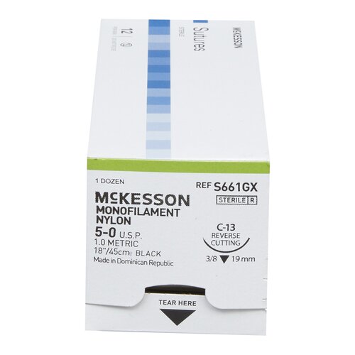 MON1034506BX - McKesson - Nonabsorbable Suture with Needle McKesson Nylon C-13 3/8 Circle Reverse Cutting Needle Size 5 - 0 Monofilament