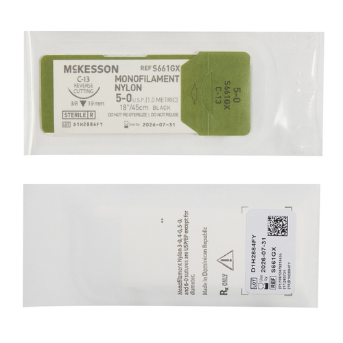 MON1034506BX - McKesson - Nonabsorbable Suture with Needle McKesson Nylon C-13 3/8 Circle Reverse Cutting Needle Size 5 - 0 Monofilament