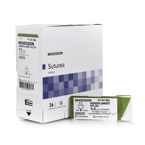 MON1034513BX - McKesson - Nonabsorbable Suture with Needle McKesson Nylon C-1 3/8 Circle Reverse Cutting Needle Size 5 - 0 Monofilament
