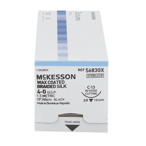 MON1034516BX - McKesson - Nonabsorbable Suture with Needle McKesson Silk C-13 3/8 Circle Reverse Cutting Needle Size 4 - 0 Braided