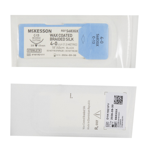 MON1034516BX - McKesson - Nonabsorbable Suture with Needle McKesson Silk C-13 3/8 Circle Reverse Cutting Needle Size 4 - 0 Braided