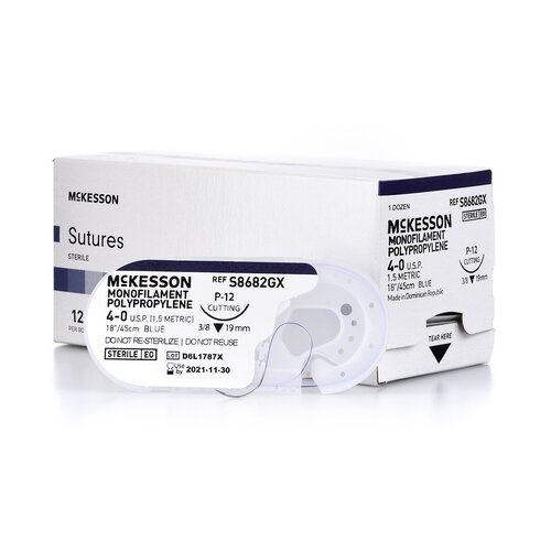 MON1034519BX - McKesson - Suture with Needle Nonabsorbable Uncoated Blue Suture Monofilament Polypropylene Suture Size 4 - 0 18 Inch Suture 1-Needle 19 mm Length 3/8 Circle Reverse Cutting Needle, 1/BX