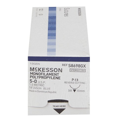 MON1034523BX - McKesson - Suture with Needle Nonabsorbable Uncoated Blue Suture Monofilament Polypropylene Suture Size 5 - 0 18 Inch Suture 1-Needle 13 mm Length 3/8 Circle Reverse Cutting Needle, 1/BX