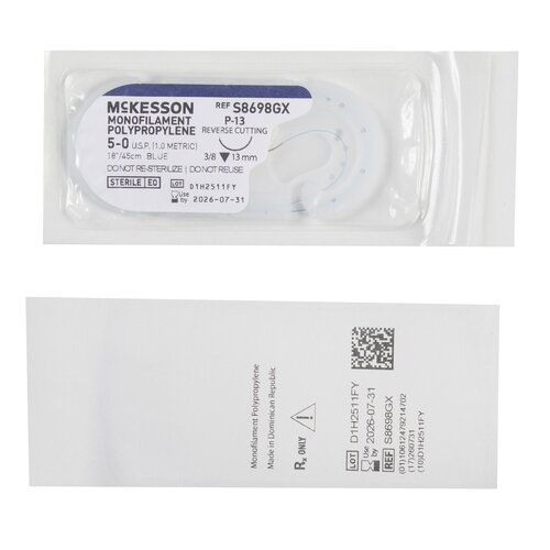 MON1034523BX - McKesson - Suture with Needle Nonabsorbable Uncoated Blue Suture Monofilament Polypropylene Suture Size 5 - 0 18 Inch Suture 1-Needle 13 mm Length 3/8 Circle Reverse Cutting Needle, 1/BX