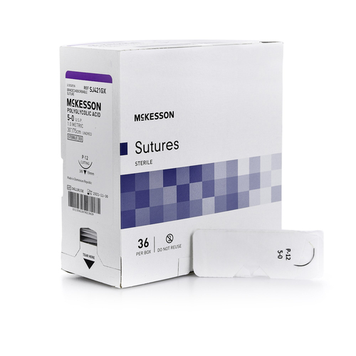 MON1034529BX - McKesson - Absorbable Suture with Needle McKesson Polyglycolic Acid P-12 3/8 Circle Precision Reverse Cutting Needle Size 5 - 0 Braided