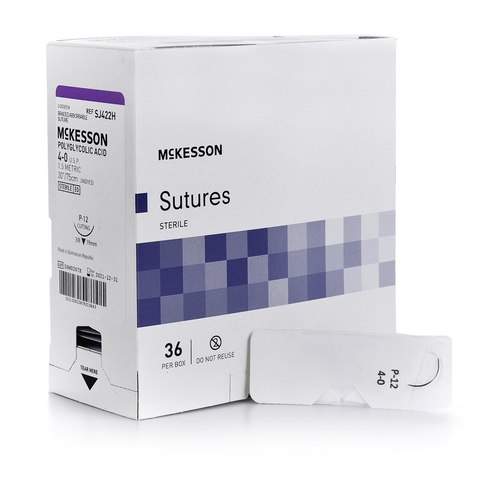 MON1034530BX - McKesson - Absorbable Suture with Needle McKesson Polyglycolic Acid P-12 3/8 Circle Precision Reverse Cutting Needle Size 4 - 0 Braided