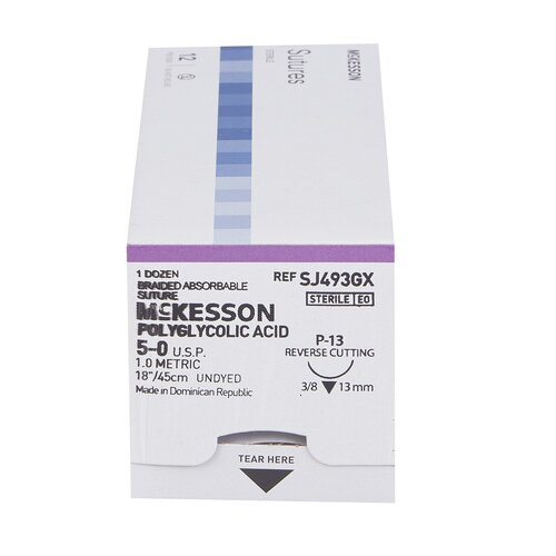 MON1034534BX - McKesson - Absorbable Suture with Needle Polyglycolic Acid P-13 3/8 Circle Precision Reverse Cutting Needle Size 5 - 0 Braided, 1/BX