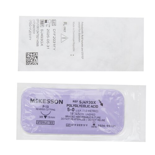 MON1034534BX - McKesson - Absorbable Suture with Needle Polyglycolic Acid P-13 3/8 Circle Precision Reverse Cutting Needle Size 5 - 0 Braided, 1/BX