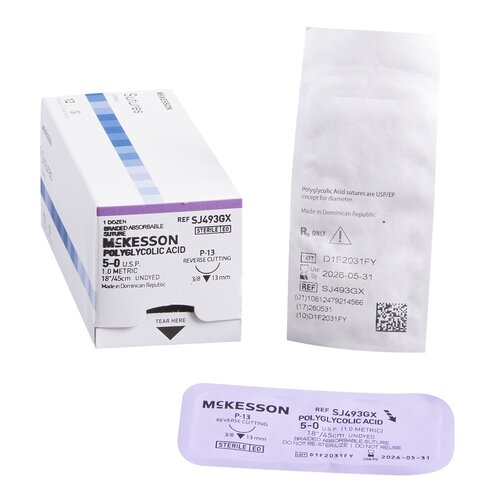 MON1034534BX - McKesson - Absorbable Suture with Needle Polyglycolic Acid P-13 3/8 Circle Precision Reverse Cutting Needle Size 5 - 0 Braided, 1/BX