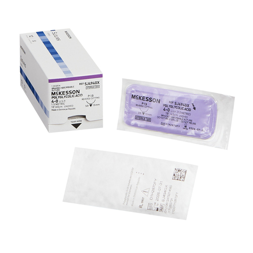 MON1034535BX - McKesson - Absorbable Suture with Needle McKesson Polyglycolic Acid P-13 3/8 Circle Precision Reverse Cutting Needle Size 4 - 0 Braided