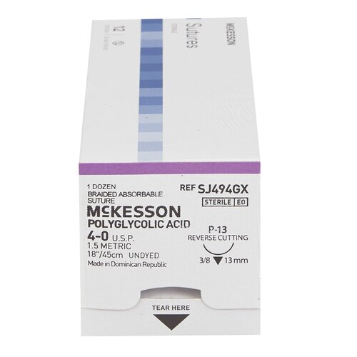 MON1034535BX - McKesson - Absorbable Suture with Needle McKesson Polyglycolic Acid P-13 3/8 Circle Precision Reverse Cutting Needle Size 4 - 0 Braided
