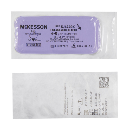 MON1034535BX - McKesson - Absorbable Suture with Needle McKesson Polyglycolic Acid P-13 3/8 Circle Precision Reverse Cutting Needle Size 4 - 0 Braided