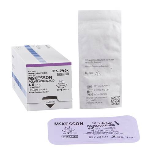 MON1034536BX - McKesson - Absorbable Suture with Needle McKesson Polyglycolic Acid P-12 3/8 Circle Precision Reverse Cutting Needle Size 4 - 0 Braided