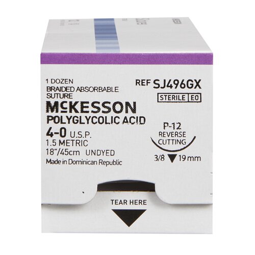 MON1034536BX - McKesson - Absorbable Suture with Needle McKesson Polyglycolic Acid P-12 3/8 Circle Precision Reverse Cutting Needle Size 4 - 0 Braided