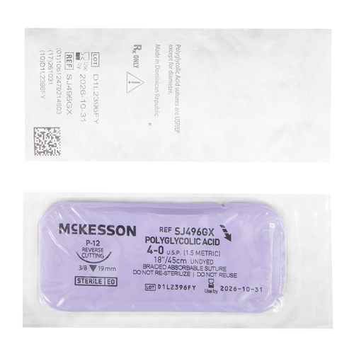 MON1034536BX - McKesson - Absorbable Suture with Needle McKesson Polyglycolic Acid P-12 3/8 Circle Precision Reverse Cutting Needle Size 4 - 0 Braided