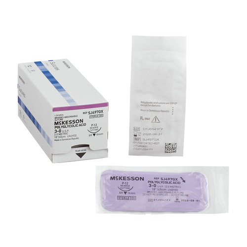 MON1034537BX - McKesson - Absorbable Suture with Needle McKesson Polyglycolic Acid P-12 3/8 Circle Precision Reverse Cutting Needle Size 3 - 0 Braided