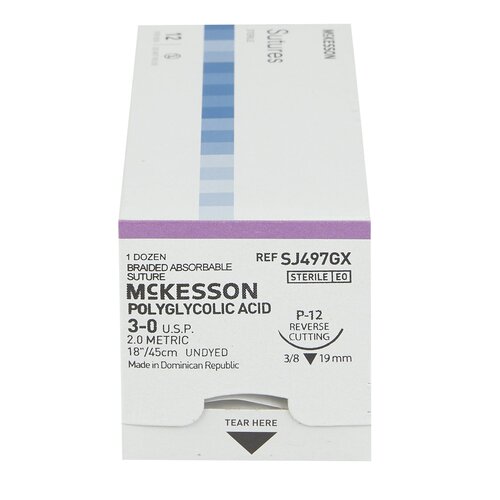 MON1034537BX - McKesson - Absorbable Suture with Needle McKesson Polyglycolic Acid P-12 3/8 Circle Precision Reverse Cutting Needle Size 3 - 0 Braided