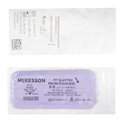 MON1034537BX - McKesson - Absorbable Suture with Needle McKesson Polyglycolic Acid P-12 3/8 Circle Precision Reverse Cutting Needle Size 3 - 0 Braided