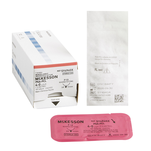 MON1034542BX - McKesson - Absorbable Suture with Needle McKesson Polyglycolic Acid / PCL P-13 3/8 Circle Precision Reverse Cutting Needle Size 4 - 0 Monofilament