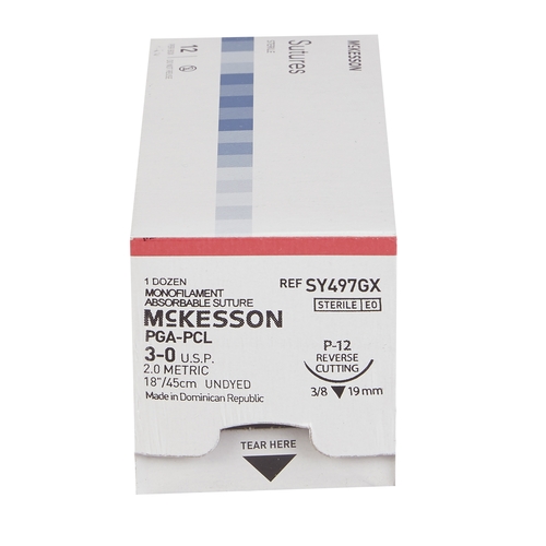 MON1034544BX - McKesson - Suture with Needle Absorbable Uncoated Undyed Suture Monofilament Polyglycolic Acid / PCL Size 3-0 18 Inch Suture 1-Needle 19 mm Length 3/8 Circle Reverse Cutting Needle, 12/BX