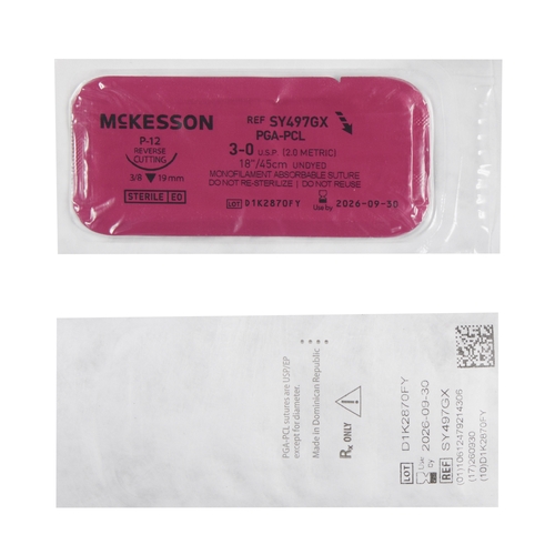 MON1034544BX - McKesson - Suture with Needle Absorbable Uncoated Undyed Suture Monofilament Polyglycolic Acid / PCL Size 3-0 18 Inch Suture 1-Needle 19 mm Length 3/8 Circle Reverse Cutting Needle, 12/BX