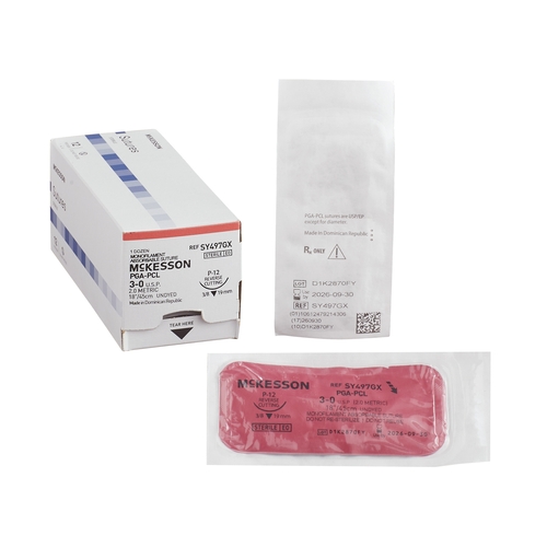 MON1034544BX - McKesson - Suture with Needle Absorbable Uncoated Undyed Suture Monofilament Polyglycolic Acid / PCL Size 3-0 18 Inch Suture 1-Needle 19 mm Length 3/8 Circle Reverse Cutting Needle, 12/BX