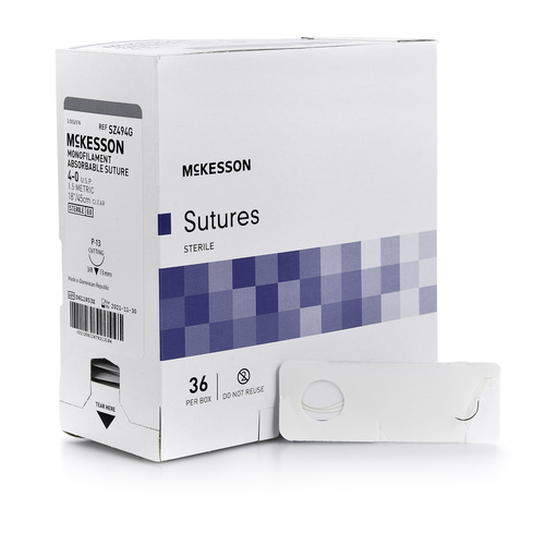MON1034545BX - McKesson - Absorbable Suture with Needle McKesson Monofilament P-13 3/8 Circle Precision Reverse Cutting Needle Size 4 - 0 Monofilament