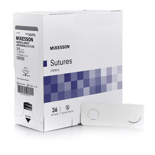 MON1034546BX - McKesson - Absorbable Suture with Needle Monofilament P-12 3/8 Circle Precision Reverse Cutting Needle Size 3 - 0 Monofilament, 1 Box