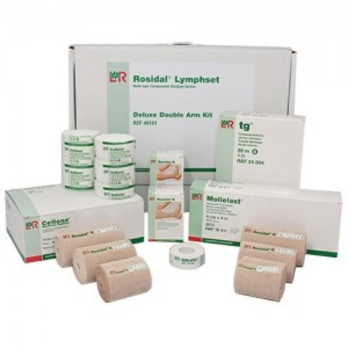 MON1044971BX - Lohmann & Rauscher - 4 Layer Compression Bandage System Rosidal&reg; Lymphset 2-2/5" x 4-2/5 Yard / 4" x 3-3/10 Yard / 2-2/5" x 5-1/2 Yard / 3-1/5" x 5-1/2 Yard / 4" x 5-1/2 Yard / 1/2" x 5-1/2 Yard Strong Compression Clip Detached / Tape Closure Tan / White Double Arm NonSterile, 1/BX