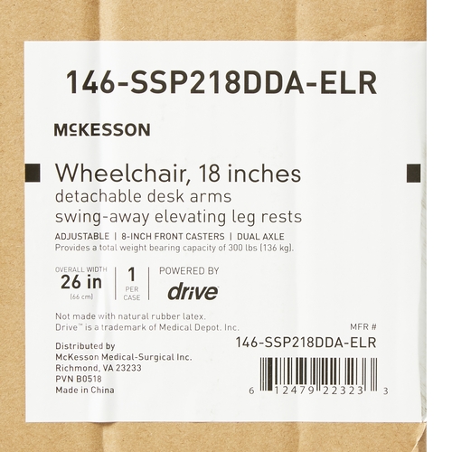 MON1065277EA - McKesson - Wheelchair Padded, Removable Arm Style Composite Wheel Black 18 Inch Seat Width 300 lbs. Weight Capacity
