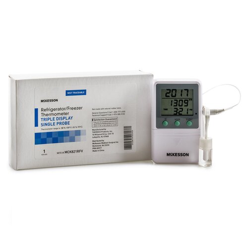 MON1074438EA - McKesson - Digital Refrigerator / Freezer Thermometer with Alarm Fahrenheit / Celsius -58&deg; to +158&deg;F (-50&deg; to +70&deg;C) Glycol Bottle Probe Multiple Mounting Options Battery Operated, 1/EA