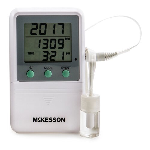 MON1074438EA - McKesson - Digital Refrigerator / Freezer Thermometer with Alarm Fahrenheit / Celsius -58&deg; to +158&deg;F (-50&deg; to +70&deg;C) Glycol Bottle Probe Multiple Mounting Options Battery Operated, 1/EA