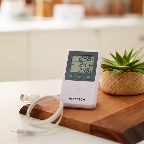 MON1074438EA - McKesson - Digital Refrigerator / Freezer Thermometer with Alarm Fahrenheit / Celsius -58&deg; to +158&deg;F (-50&deg; to +70&deg;C) Glycol Bottle Probe Multiple Mounting Options Battery Operated, 1/EA