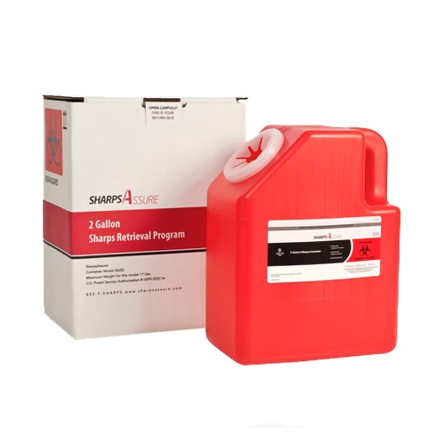 MON1088205CS - Post Medical - Mailback Sharps Container Sharps Assure 11-2/5 H X 5-1/2 W X 9 L Inch 2 Gallon Red Base / Translucent Petals Vertical Entry