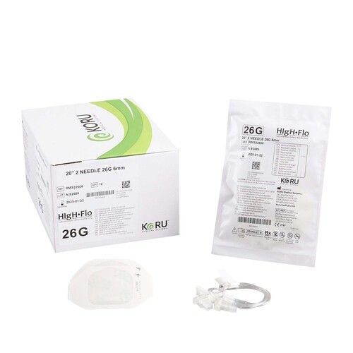 MON1101020EA - KORU Medical Systems - KORU Medical Systems Sub-Q Infusion Set HIgH-Flo2 2 X 26 Gauge 6 mm 20 Inch Tubing Without Port