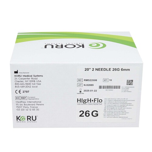 MON1101020EA - KORU Medical Systems - KORU Medical Systems Sub-Q Infusion Set HIgH-Flo2 2 X 26 Gauge 6 mm 20 Inch Tubing Without Port