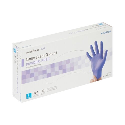 MON1107942CS - McKesson - McKesson Exam Glove Confiderm 3.0 Large NonSterile Nitrile Standard Cuff Length Textured Fingertips Blue Not Chemo Approved, 100/BX, 10BX/CS