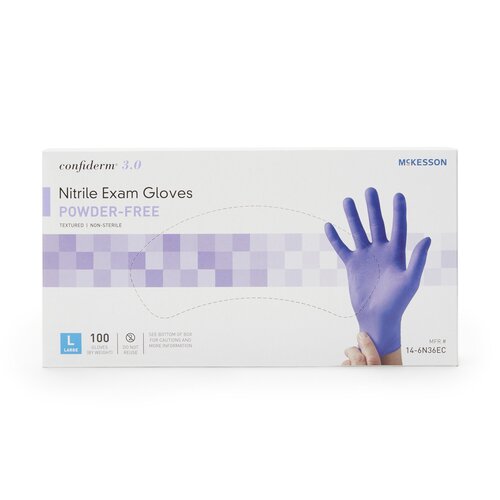 MON1107942CS - McKesson - McKesson Exam Glove Confiderm 3.0 Large NonSterile Nitrile Standard Cuff Length Textured Fingertips Blue Not Chemo Approved, 100/BX, 10BX/CS