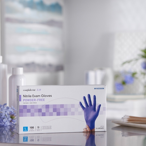 MON1107942CS - McKesson - McKesson Exam Glove Confiderm 3.0 Large NonSterile Nitrile Standard Cuff Length Textured Fingertips Blue Not Chemo Approved, 100/BX, 10BX/CS
