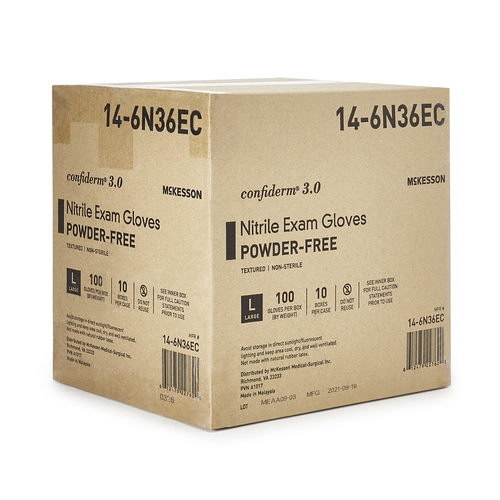 MON1107942CS - McKesson - McKesson Exam Glove Confiderm 3.0 Large NonSterile Nitrile Standard Cuff Length Textured Fingertips Blue Not Chemo Approved, 100/BX, 10BX/CS