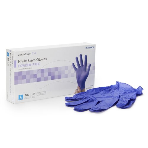 MON1107942CS - McKesson - McKesson Exam Glove Confiderm 3.0 Large NonSterile Nitrile Standard Cuff Length Textured Fingertips Blue Not Chemo Approved, 100/BX, 10BX/CS
