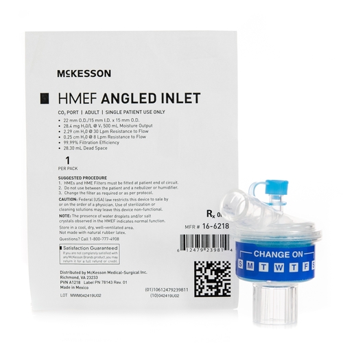 MON1109620PK - McKesson - McKesson Heat and Moisture Exchanger with Filter 28.4 mg H2O / L @ VT 500 mL 2.29 cm H20 @ 30 LPM, 0.25 cm H20@ 8 LPM, 1/PK