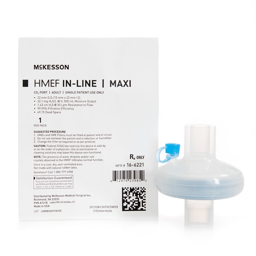 MON1109629CS - McKesson - McKesson Heat and Moisture Exchanger with Filter 32.1 mg H2O / L @ VT 500 mL 2.5 cm H20 @ 30 LPM, 50/CS