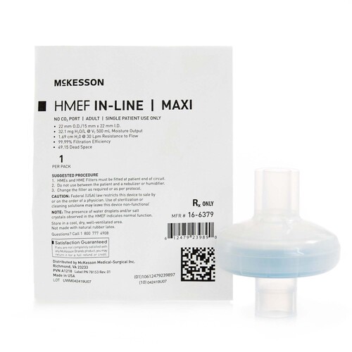MON1109633PK - McKesson - McKesson Heat and Moisture Exchanger with Filter 32.1 mg H2O / L @ VT 500 mL 1.69 cm H20 @ 30 LPM