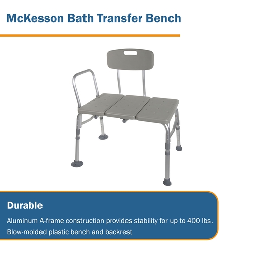MON1128904EA - McKesson - Knocked Down Bath Transfer Bench, Removable Arm Rail, 17-1/2 to 22-1/2 Inch Seat Height, 400 lbs. Weight Capacity, 1/EA