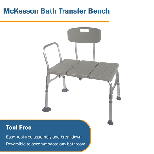 MON1128904EA - McKesson - Knocked Down Bath Transfer Bench, Removable Arm Rail, 17-1/2 to 22-1/2 Inch Seat Height, 400 lbs. Weight Capacity, 1/EA