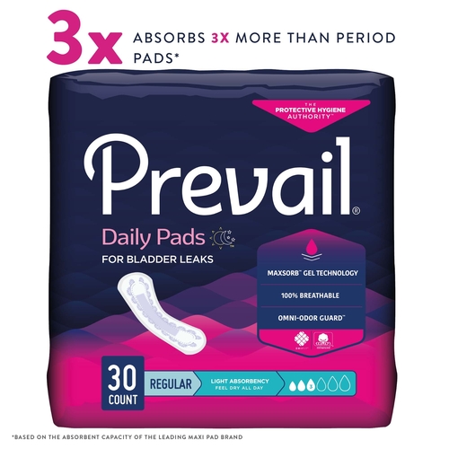 MON1129072CS - First Quality - First Quality Bladder Control Pad Prevail Daily Pads 9-1/4 Inch Light Absorbency Polymer One Size Fits Most Female Disposable, 30/BG, 3BG/CS