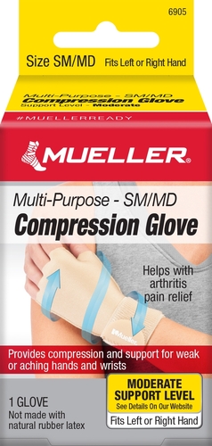 MON1141666EA - Mueller Sports - Mueller Sports Compression Glove Mueller Compression & Support Gloves Fingerless Small / Medium Over-the-Wrist Length Ambidextrous Stretch Fabric