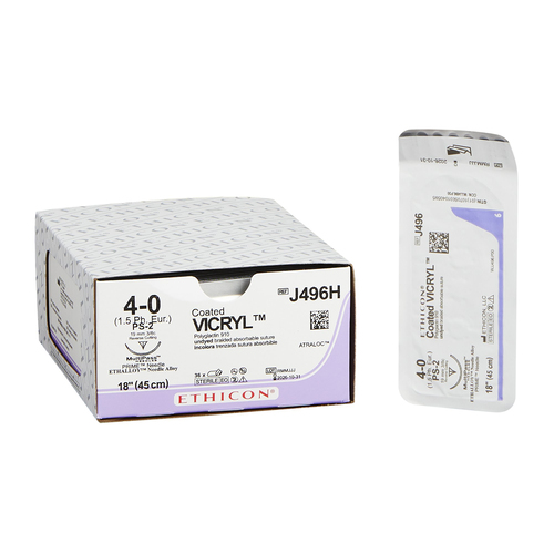 MON114235BX - J & J Healthcare Systems - Absorbable Suture with Needle Coated Vicryl&trade; Polyglactin 910 PS-2 3/8 Circle Precision Reverse Cutting Needle Size 4 - 0 Braided