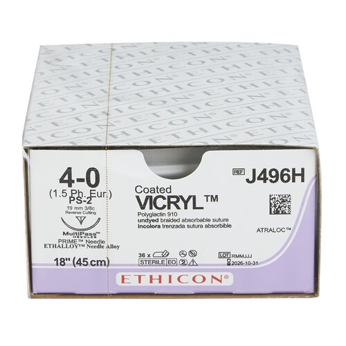 MON114235BX - J & J Healthcare Systems - Absorbable Suture with Needle Coated Vicryl&trade; Polyglactin 910 PS-2 3/8 Circle Precision Reverse Cutting Needle Size 4 - 0 Braided